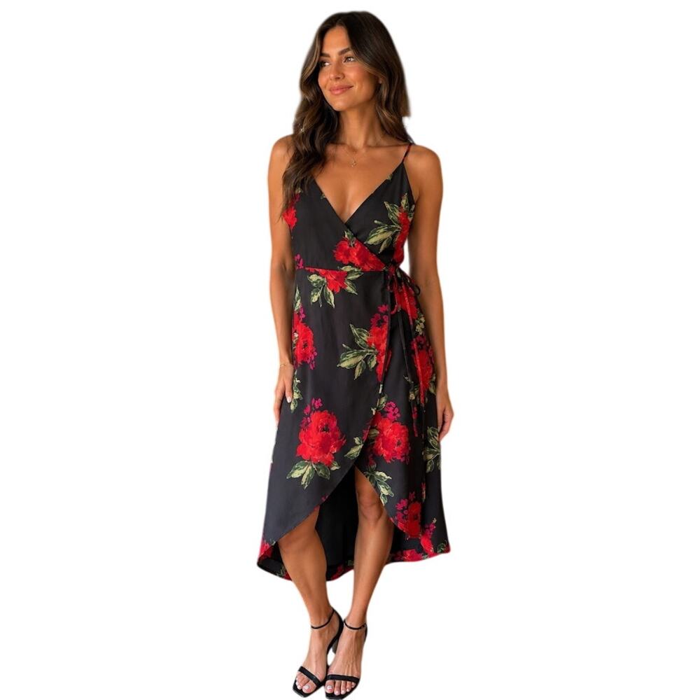 Love & Piece Black Floral Wrap Slip Dress Romantic Deep-V High Low Hem Womens L